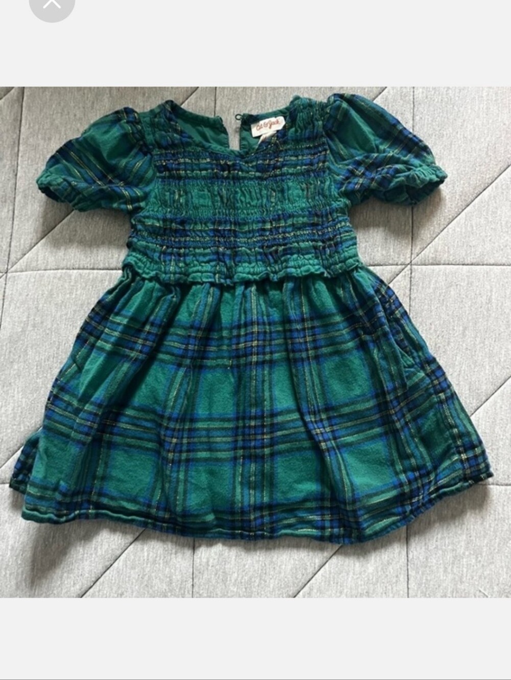 Girls Green Plaid Puff-Sleeve Dress - Casual Everyday. NWT 3T